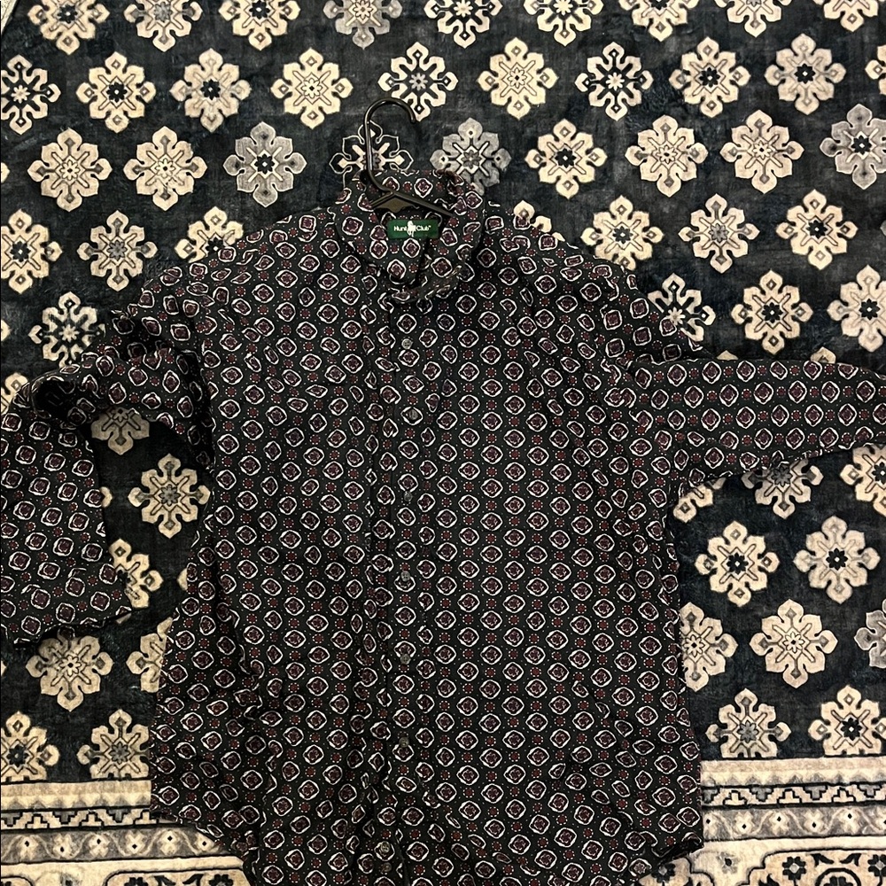 Hunt Club Black Button-Down Shirt with Maroon & White Pattern